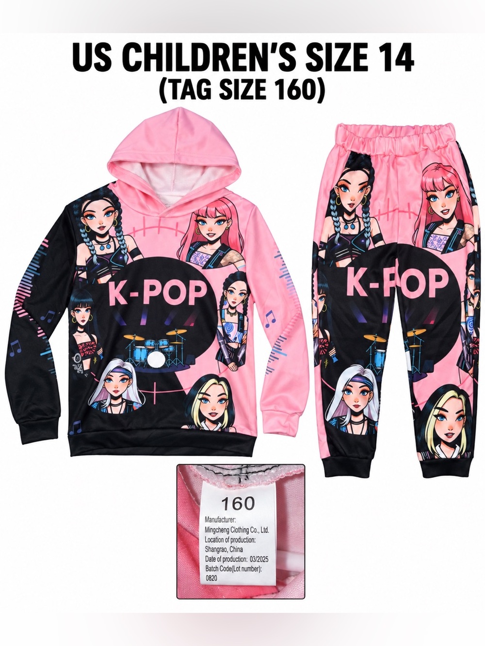 K-Pop Pink Kids 2 Piece Set with Hood